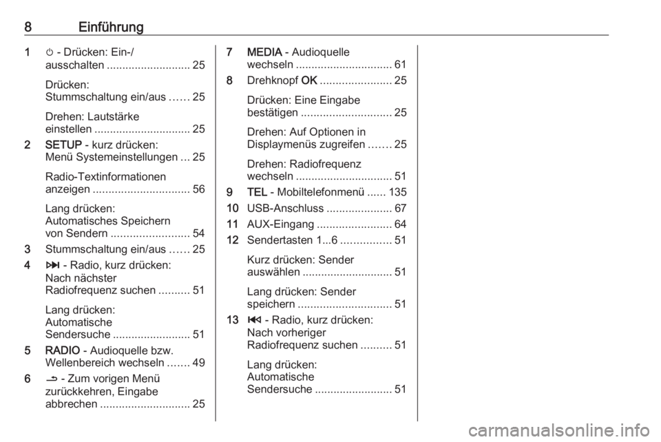 OPEL VIVARO B 2016  Infotainment-Handbuch (in German) 8Einführung1m - Drücken: Ein-/
ausschalten ........................... 25
Drücken:
Stummschaltung ein/aus ......25
Drehen: Lautstärke
einstellen ............................... 25
2 SETUP  - kurz 