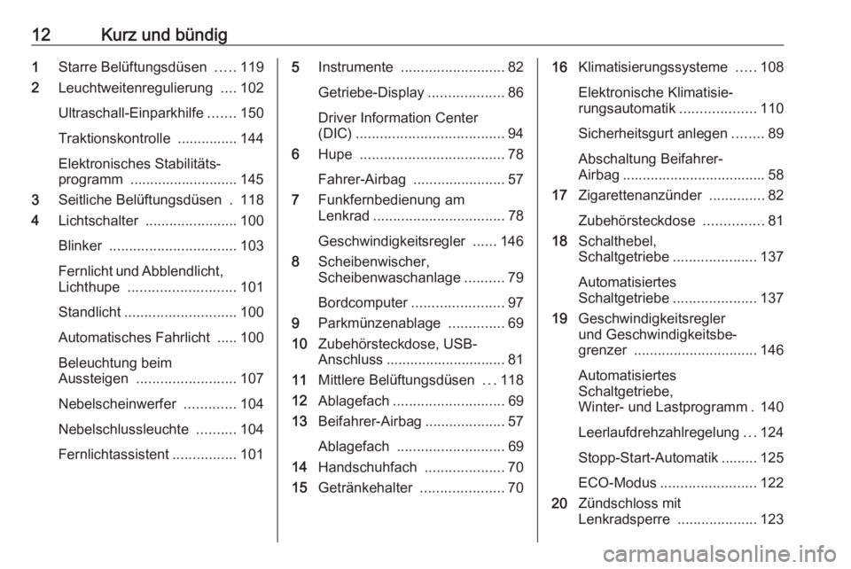 OPEL MOVANO_B 2016  Betriebsanleitung (in German) 12Kurz und bündig1Starre Belüftungsdüsen  .....119
2 Leuchtweitenregulierung  ....102
Ultraschall-Einparkhilfe .......150
Traktionskontrolle  ............... 144
Elektronisches Stabilitäts‐
prog