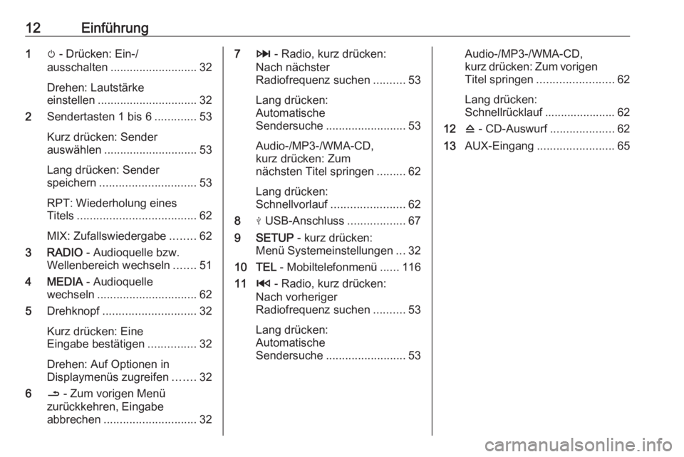 OPEL VIVARO B 2016.5  Infotainment-Handbuch (in German) 12Einführung1m - Drücken: Ein-/
ausschalten ........................... 32
Drehen: Lautstärke
einstellen ............................... 32
2 Sendertasten 1 bis 6 .............53
Kurz drücken: Sen