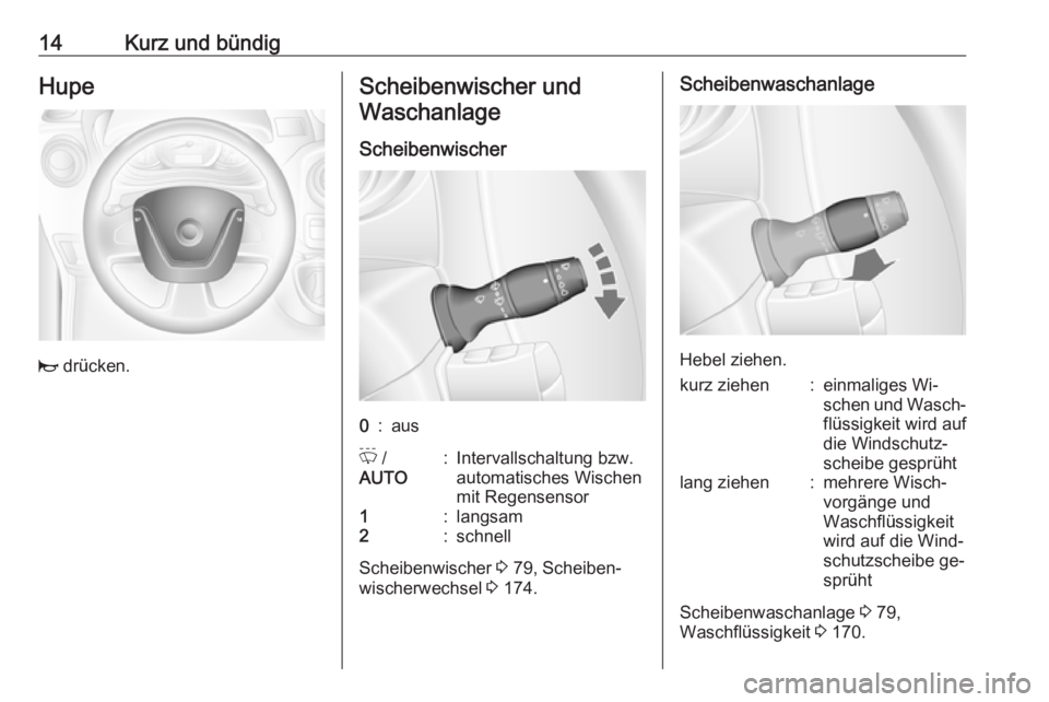 OPEL MOVANO_B 2016.5  Betriebsanleitung (in German) 14Kurz und bündigHupe
j drücken.
Scheibenwischer und
Waschanlage
Scheibenwischer0:ausP  /
AUTO:Intervallschaltung bzw.
automatisches Wischen
mit Regensensor1:langsam2:schnell
Scheibenwischer  3 79, 
