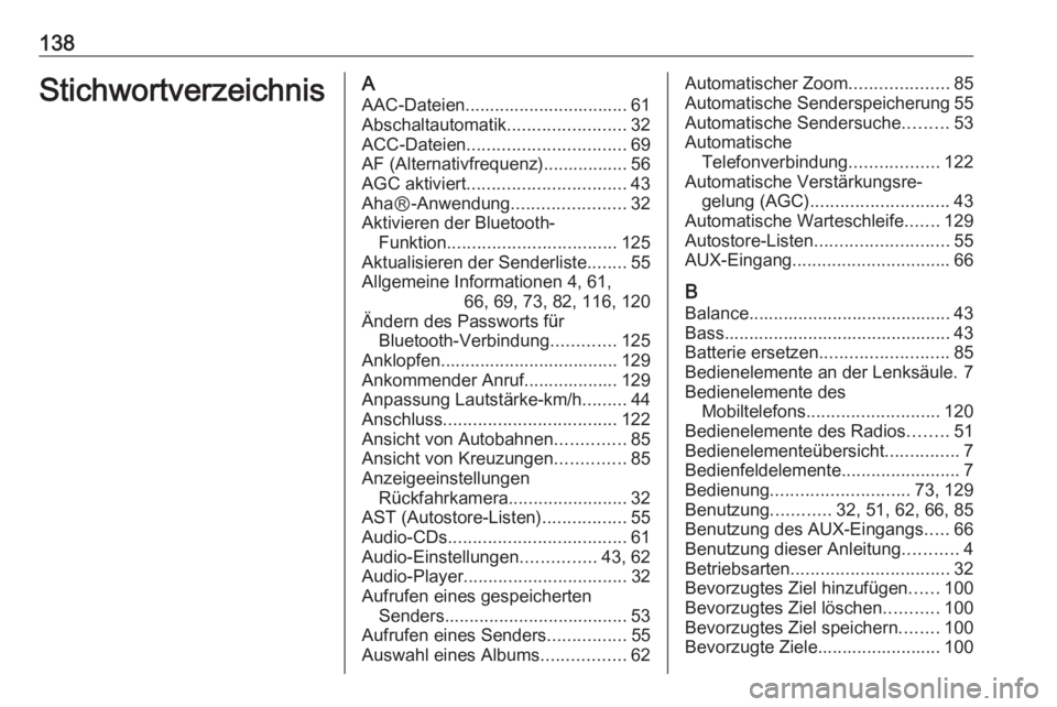 OPEL VIVARO B 2017.5 Infotainment-Handbuch (in German) 138StichwortverzeichnisAAAC-Dateien................................. 61
Abschaltautomatik ........................32
ACC-Dateien ................................ 69
AF (Alternativfrequenz)............ OPEL VIVARO B 2017.5 Infotainment-Handbuch (in German) 138StichwortverzeichnisAAAC-Dateien................................. 61
Abschaltautomatik ........................32
ACC-Dateien ................................ 69
AF (Alternativfrequenz)............