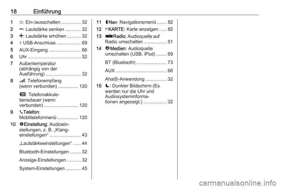 OPEL VIVARO B 2017.5  Infotainment-Handbuch (in German) 18Einführung1m: Ein-/ausschalten ..............32
2 ]: Lautstärke senken ............ 32
3 <: Lautstärke erhöhen ..........32
4 M USB-Anschluss ..................69
5 AUX-Eingang .................
