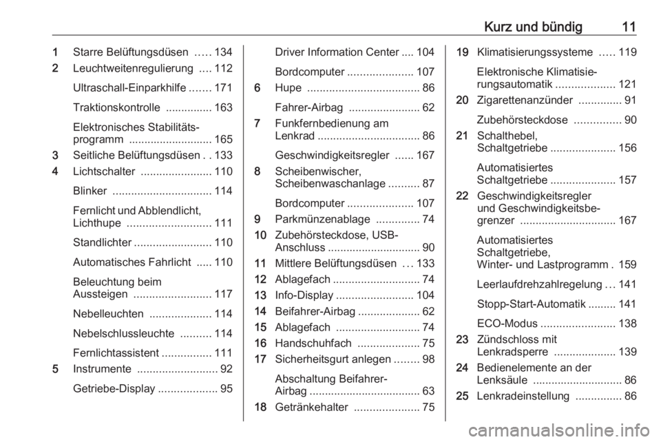 OPEL MOVANO_B 2017.5  Betriebsanleitung (in German) Kurz und bündig111Starre Belüftungsdüsen  .....134
2 Leuchtweitenregulierung  ....112
Ultraschall-Einparkhilfe .......171
Traktionskontrolle  ............... 163
Elektronisches Stabilitäts‐
prog