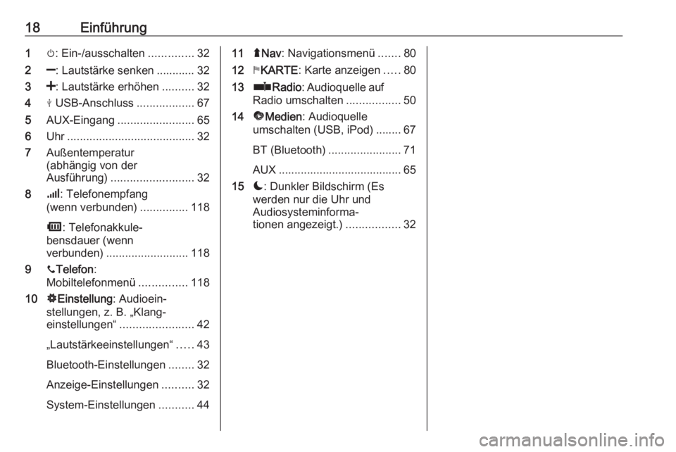 OPEL MOVANO_B 2018  Infotainment-Handbuch (in German) 18Einführung1m: Ein-/ausschalten ..............32
2 ]: Lautstärke senken ............ 32
3 <: Lautstärke erhöhen ..........32
4 M USB-Anschluss ..................67
5 AUX-Eingang .................