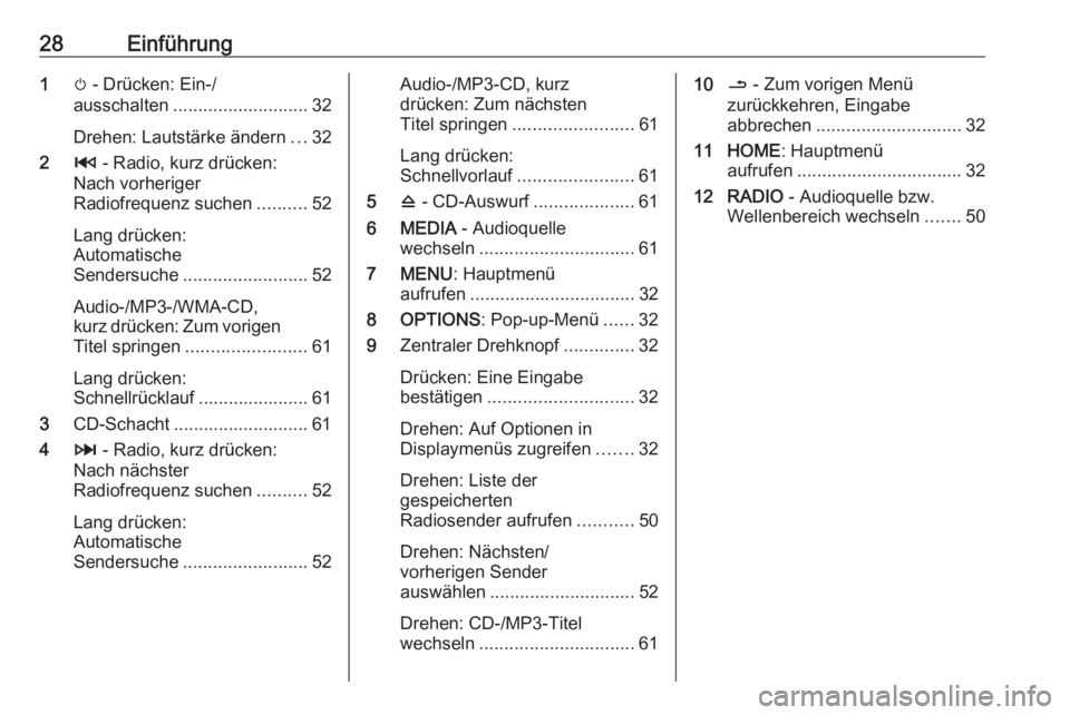 OPEL MOVANO_B 2018  Infotainment-Handbuch (in German) 28Einführung1m - Drücken: Ein-/
ausschalten ........................... 32
Drehen: Lautstärke ändern ...32
2 2 - Radio, kurz drücken:
Nach vorheriger
Radiofrequenz suchen ..........52
Lang drück