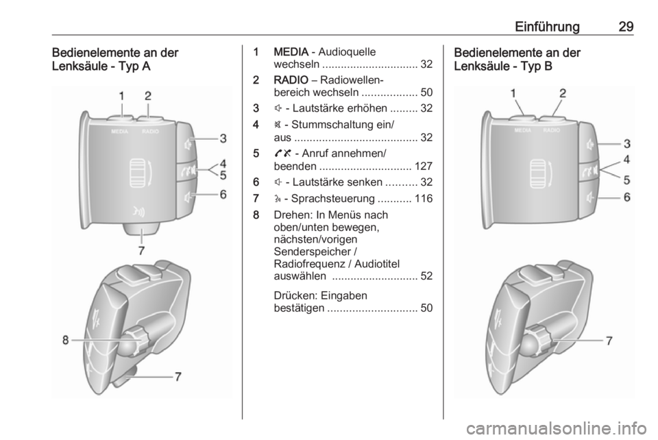 OPEL MOVANO_B 2018  Infotainment-Handbuch (in German) Einführung29Bedienelemente an der
Lenksäule - Typ A1 MEDIA  - Audioquelle
wechseln ............................... 32
2 RADIO  – Radiowellen‐
bereich wechseln ..................50
3 ! - Lautstä