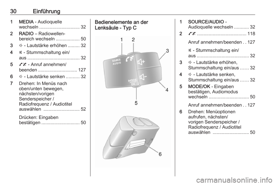 OPEL MOVANO_B 2018  Infotainment-Handbuch (in German) 30Einführung1 MEDIA - Audioquelle
wechseln ............................... 32
2 RADIO  – Radiowellen‐
bereich wechseln ..................50
3 ! - Lautstärke erhöhen .........32
4 @ - Stummschal