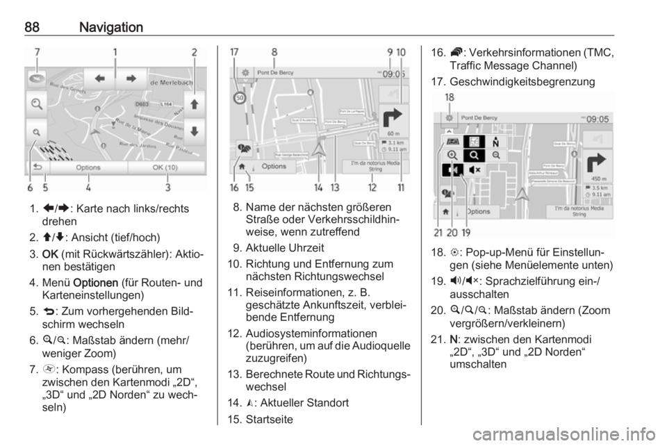 OPEL MOVANO_B 2018  Infotainment-Handbuch (in German) 88Navigation
1.ä/å : Karte nach links/rechts
drehen
2. â/ã : Ansicht (tief/hoch)
3. OK  (mit Rückwärtszähler): Aktio‐
nen bestätigen
4. Menü  Optionen  (für Routen- und
Karteneinstellungen