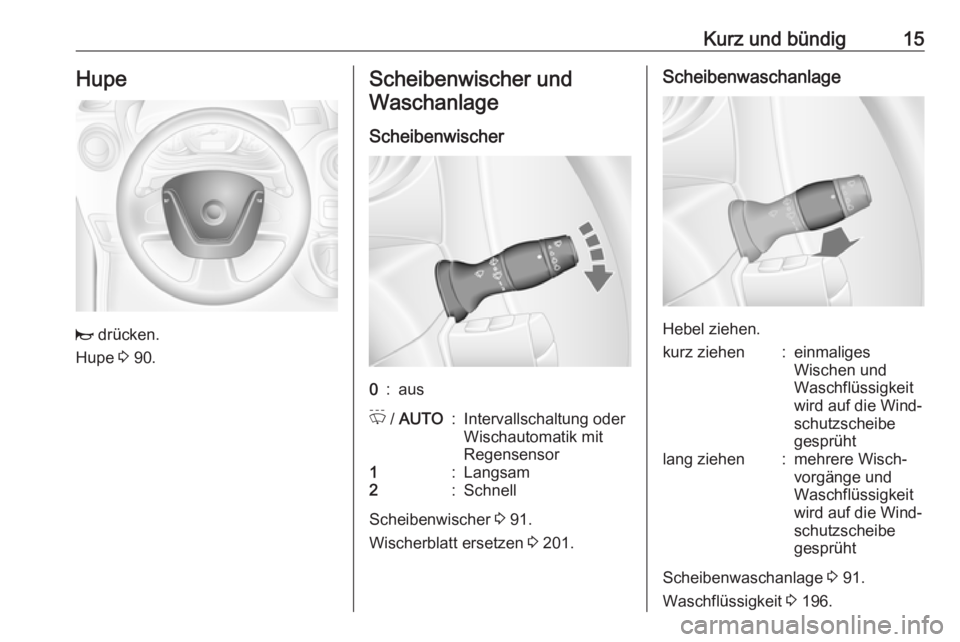 OPEL MOVANO_B 2018.5  Betriebsanleitung (in German) Kurz und bündig15Hupe
j drücken.
Hupe  3 90.
Scheibenwischer und
Waschanlage
Scheibenwischer0:ausP  / AUTO:Intervallschaltung oder
Wischautomatik mit
Regensensor1:Langsam2:Schnell
Scheibenwischer  3