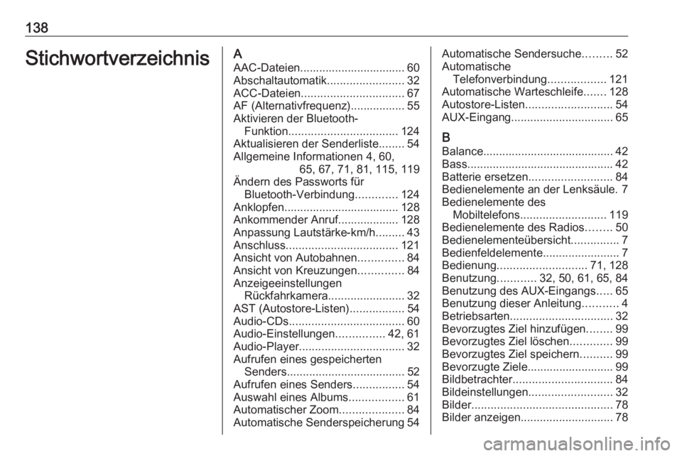 OPEL VIVARO B 2019 Infotainment-Handbuch (in German) 138StichwortverzeichnisAAAC-Dateien................................. 60
Abschaltautomatik ........................32
ACC-Dateien ................................ 67
AF (Alternativfrequenz)............ OPEL VIVARO B 2019 Infotainment-Handbuch (in German) 138StichwortverzeichnisAAAC-Dateien................................. 60
Abschaltautomatik ........................32
ACC-Dateien ................................ 67
AF (Alternativfrequenz)............