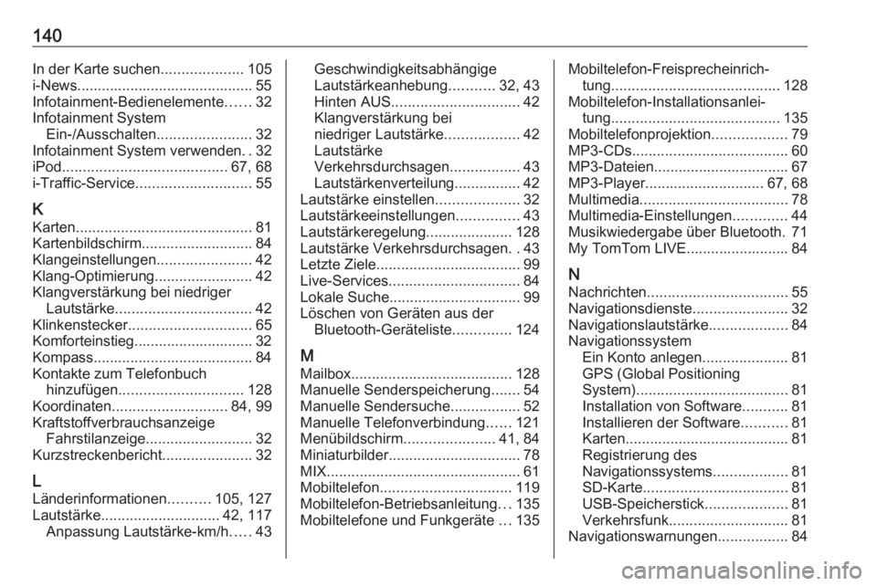 OPEL VIVARO B 2019 Infotainment-Handbuch (in German) 140In der Karte suchen....................105
i-News........................................... 55
Infotainment-Bedienelemente ......32
Infotainment System Ein-/Ausschalten .......................32
I OPEL VIVARO B 2019 Infotainment-Handbuch (in German) 140In der Karte suchen....................105
i-News........................................... 55
Infotainment-Bedienelemente ......32
Infotainment System Ein-/Ausschalten .......................32
I