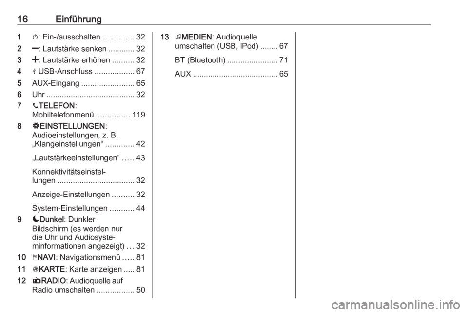 OPEL MOVANO_B 2019  Infotainment-Handbuch (in German) 16Einführung1m: Ein-/ausschalten ..............32
2 ]: Lautstärke senken ............ 32
3 <: Lautstärke erhöhen ..........32
4 M USB-Anschluss ..................67
5 AUX-Eingang .................