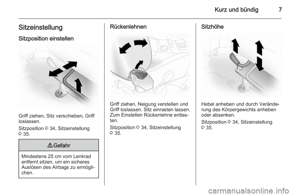 OPEL VIVARO 2014  Betriebsanleitung (in German) Kurz und bündig7Sitzeinstellung
Sitzposition einstellen
Griff ziehen, Sitz verschieben, Griff
loslassen.
Sitzposition  3 34, Sitzeinstellung
3  35.
9 Gefahr
Mindestens 25 cm vom Lenkrad
entfernt sitz