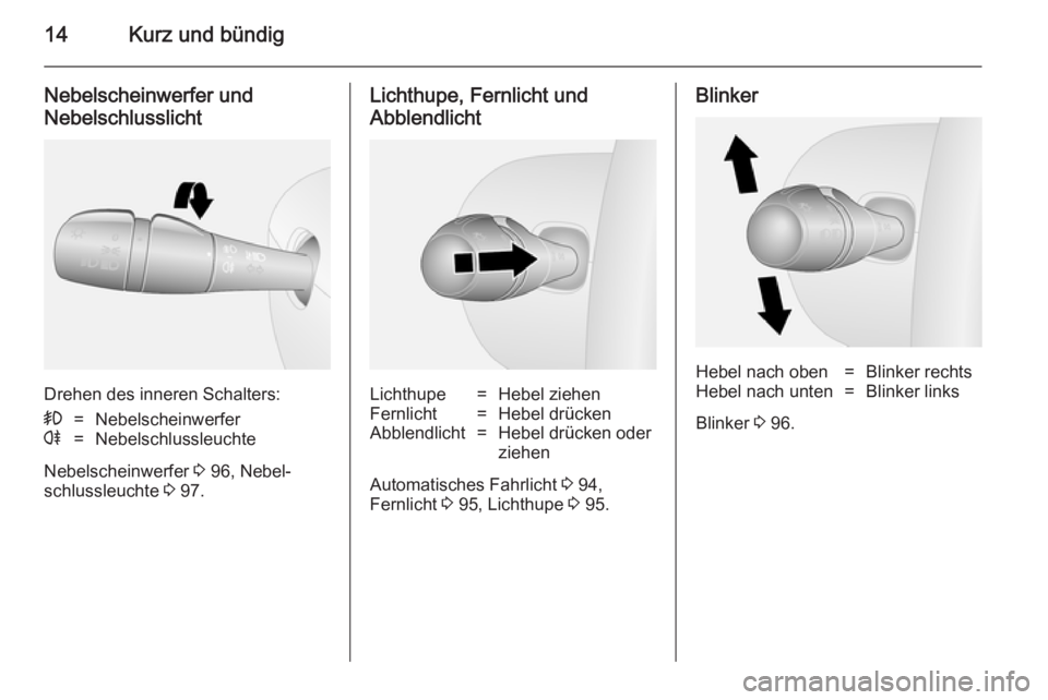 OPEL VIVARO B 2014.5  Betriebsanleitung (in German) 14Kurz und bündig
Nebelscheinwerfer und
Nebelschlusslicht
Drehen des inneren Schalters:
>=Nebelscheinwerferr=Nebelschlussleuchte
Nebelscheinwerfer  3 96, Nebel‐
schlussleuchte  3 97.
Lichthupe, Fer