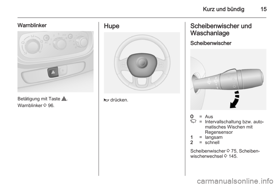 OPEL VIVARO B 2014.5  Betriebsanleitung (in German) Kurz und bündig15
Warnblinker
Betätigung mit Taste ¨.
Warnblinker  3 96.
Hupe
j  drücken.
Scheibenwischer und
Waschanlage
Scheibenwischer7=AusK=Intervallschaltung bzw. auto‐
matisches Wischen mi