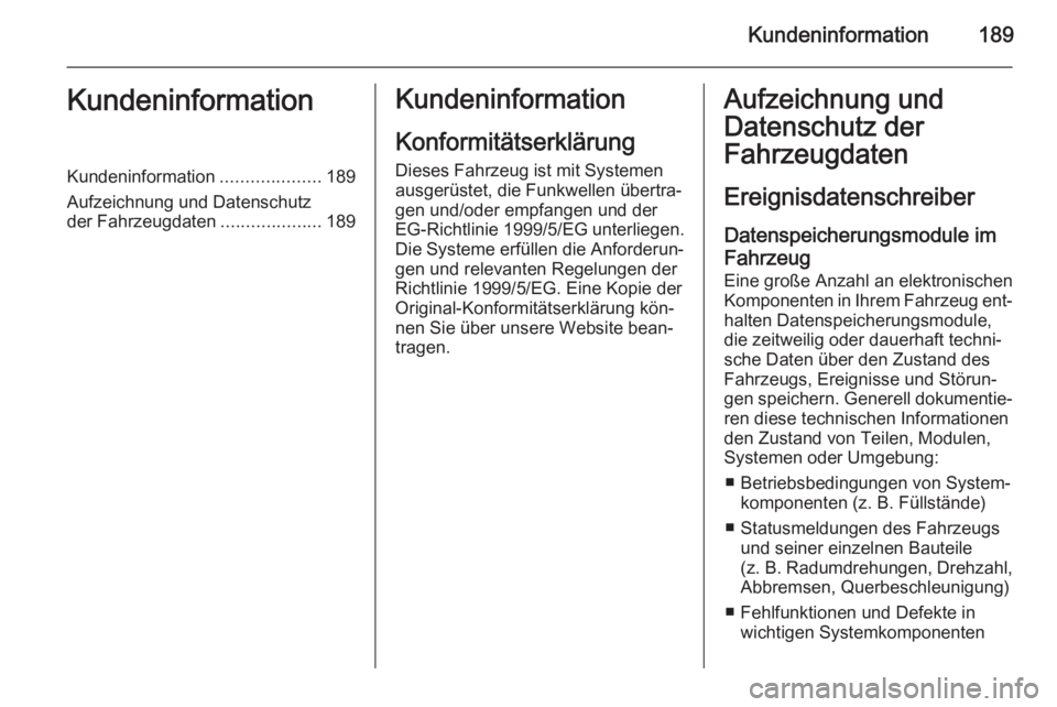 OPEL VIVARO B 2014.5  Betriebsanleitung (in German) Kundeninformation189KundeninformationKundeninformation....................189
Aufzeichnung und Datenschutz
der Fahrzeugdaten ....................189Kundeninformation
Konformitätserklärung
Dieses Fah