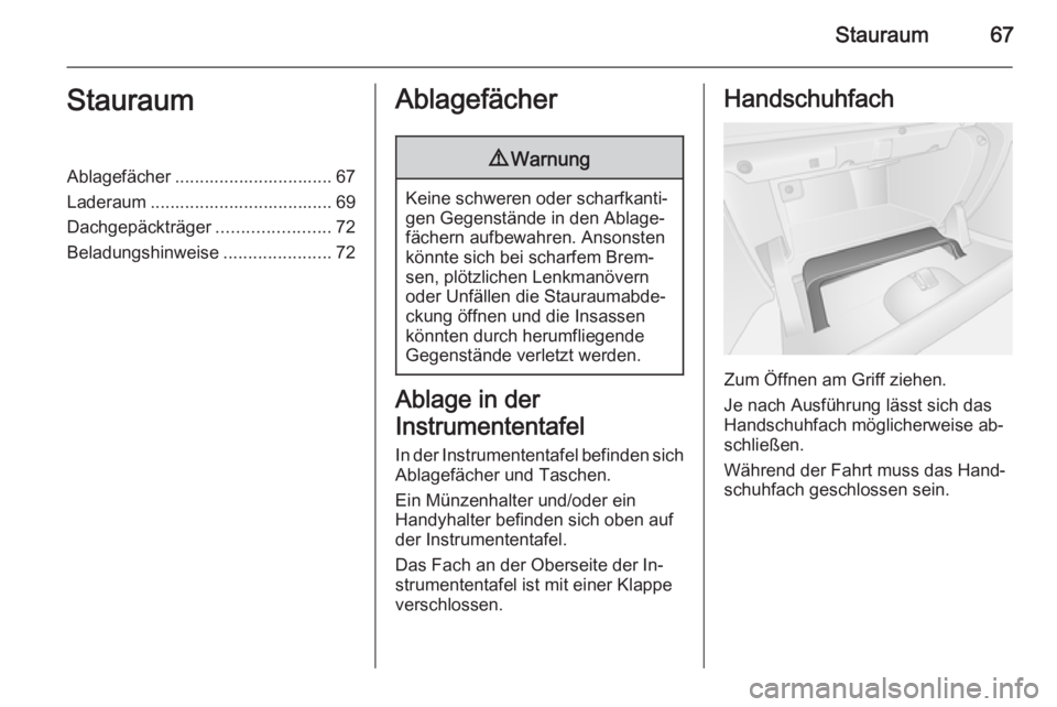 OPEL VIVARO B 2014.5  Betriebsanleitung (in German) Stauraum67StauraumAblagefächer ................................ 67
Laderaum ..................................... 69 Dachgepäckträger .......................72
Beladungshinweise ...................