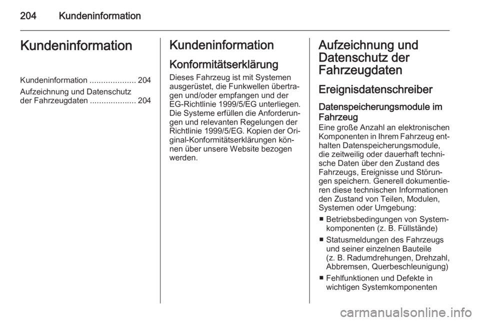 OPEL VIVARO B 2015.5  Betriebsanleitung (in German) 204KundeninformationKundeninformationKundeninformation....................204
Aufzeichnung und Datenschutz
der Fahrzeugdaten ....................204Kundeninformation
Konformitätserklärung
Dieses Fah