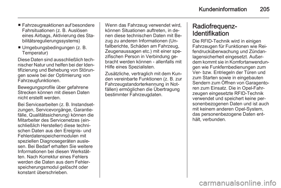 OPEL VIVARO B 2015.5  Betriebsanleitung (in German) Kundeninformation205
■Fahrzeugreaktionen auf besondere
Fahrsituationen (z. B. Auslösen
eines Airbags, Aktivierung des Sta‐ bilitätsregulierungssystems)
■ Umgebungsbedingungen (z. B. Temperatur