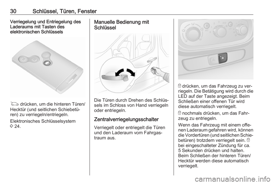 OPEL VIVARO B 2016  Betriebsanleitung (in German) 30Schlüssel, Türen, FensterVerriegelung und Entriegelung des
Laderaums mit Tasten des
elektronischen Schlüssels
G  drücken, um die hinteren Türen/
Hecktür (und seitlichen Schiebetü‐
ren) zu v