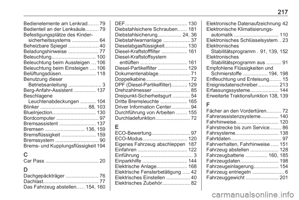 OPEL VIVARO B 2016.5  Betriebsanleitung (in German) 217Bedienelemente am Lenkrad.......79
Bedienteil an der Lenksäule .........79
Befestigungsplätze des Kinder‐ sicherheitssystems  ...................64
Beheizbare Spiegel  .....................40
B