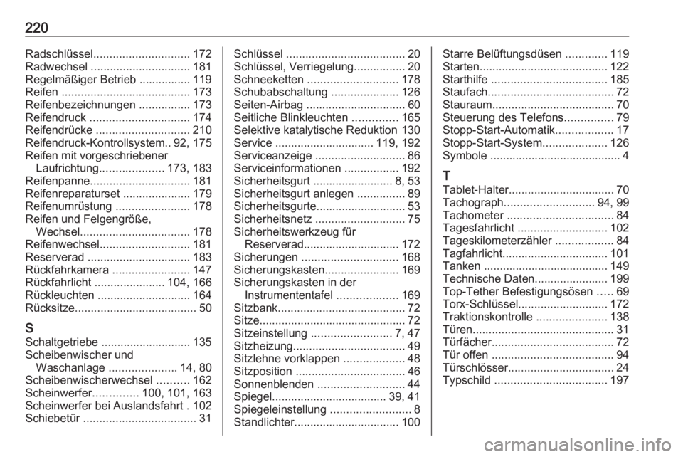 OPEL VIVARO B 2016.5  Betriebsanleitung (in German) 220Radschlüssel.............................. 172
Radwechsel  ............................... 181
Regelmäßiger Betrieb ................ 119
Reifen  ........................................ 173
Reif