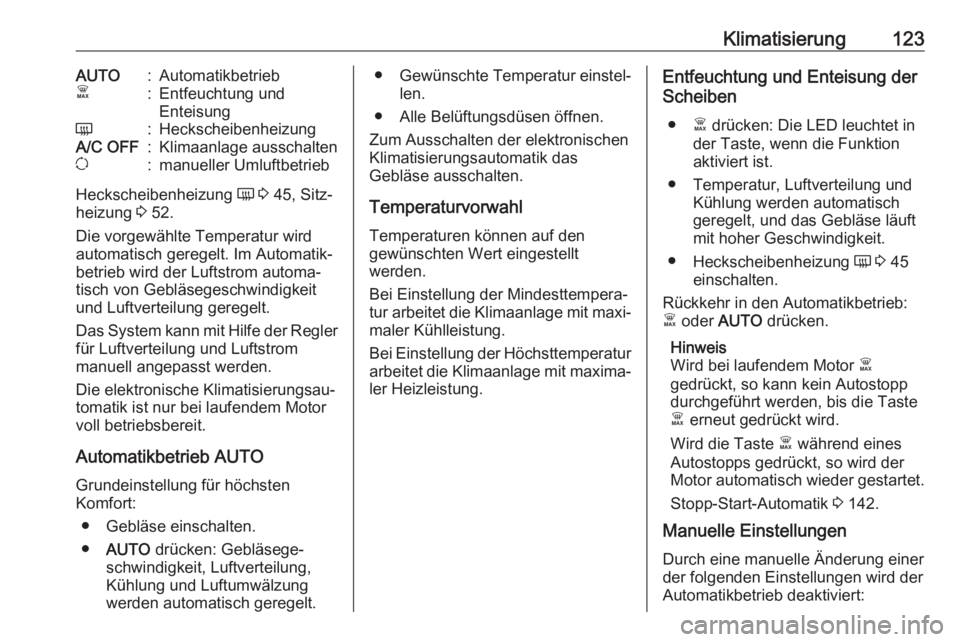 OPEL VIVARO B 2017.5  Betriebsanleitung (in German) Klimatisierung123AUTO:AutomatikbetriebÊ:Entfeuchtung und
EnteisungÜ:HeckscheibenheizungA/C OFF:Klimaanlage ausschaltenu:manueller Umluftbetrieb
Heckscheibenheizung  Ü 3  45, Sitz‐
heizung  3 52.
