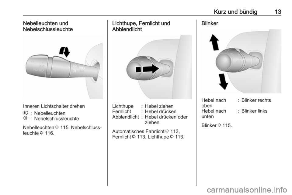 OPEL VIVARO B 2017.5  Betriebsanleitung (in German) Kurz und bündig13Nebelleuchten und
Nebelschlussleuchte
Inneren Lichtschalter drehen
>:Nebelleuchtenø:Nebelschlussleuchte
Nebelleuchten  3 115, Nebelschluss‐
leuchte  3 116.
Lichthupe, Fernlicht un