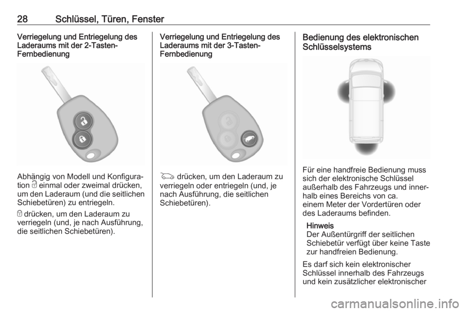 OPEL VIVARO B 2017.5  Betriebsanleitung (in German) 28Schlüssel, Türen, FensterVerriegelung und Entriegelung des
Laderaums mit der 2-Tasten-
Fernbedienung
Abhängig von Modell und Konfigura‐
tion  c einmal oder zweimal drücken,
um den Laderaum (un