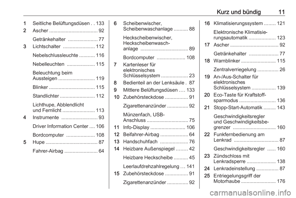 OPEL VIVARO B 2018  Betriebsanleitung (in German) Kurz und bündig111Seitliche Belüftungsdüsen ..133
2 Ascher ................................... 92
Getränkehalter  .....................77
3 Lichtschalter  ....................... 112
Nebelschlussl