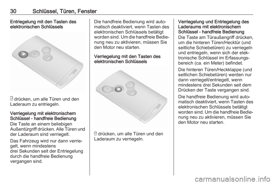 OPEL VIVARO B 2018  Betriebsanleitung (in German) 30Schlüssel, Türen, FensterEntriegelung mit den Tasten des
elektronischen Schlüssels
c  drücken, um alle Türen und den
Laderaum zu entriegeln.
Verriegelung mit elektronischem
Schlüssel - handfre