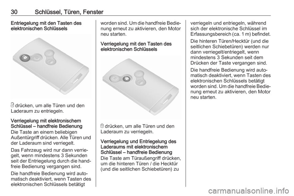 OPEL VIVARO B 2018.5  Betriebsanleitung (in German) 30Schlüssel, Türen, FensterEntriegelung mit den Tasten des
elektronischen Schlüssels
c  drücken, um alle Türen und den
Laderaum zu entriegeln.
Verriegelung mit elektronischem
Schlüssel – handf