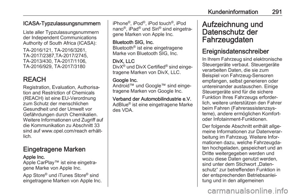 OPEL VIVARO C 2020 Betriebsanleitung (in German) Kundeninformation291ICASA-TypzulassungsnummernListe aller Typzulassungsnummern
der Independent Communications
Authority of South Africa (ICASA):
TA-2016/121, TA-2016/3261,
TA-2017/2387,TA-2017/2745,
T OPEL VIVARO C 2020 Betriebsanleitung (in German) Kundeninformation291ICASA-TypzulassungsnummernListe aller Typzulassungsnummern
der Independent Communications
Authority of South Africa (ICASA):
TA-2016/121, TA-2016/3261,
TA-2017/2387,TA-2017/2745,
T