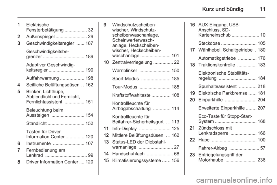 OPEL ZAFIRA C 2014  Betriebsanleitung (in German) Kurz und bündig11
1Elektrische
Fensterbetätigung .................32
2 Außenspiegel ........................ 29
3 Geschwindigkeitsregler  ......187
Geschwindigkeitsbe‐
grenzer ...................