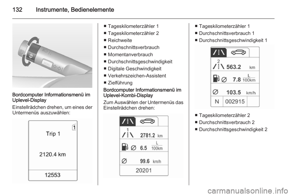 OPEL ZAFIRA C 2014  Betriebsanleitung (in German) 132Instrumente, Bedienelemente
Bordcomputer Informationsmenü im
Uplevel-Display
Einstellrädchen drehen, um eines der Untermenüs auszuwählen:
■ Tageskilometerzähler 1
■ Tageskilometerzähler 2
