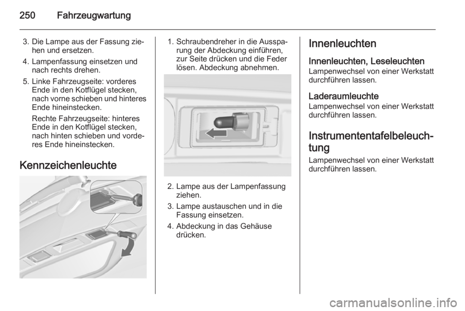 OPEL ZAFIRA C 2014  Betriebsanleitung (in German) 250Fahrzeugwartung
3. Die Lampe aus der Fassung zie‐hen und ersetzen.
4. Lampenfassung einsetzen und nach rechts drehen.
5. Linke Fahrzeugseite: vorderes Ende in den Kotflügel stecken,
nach vorne s