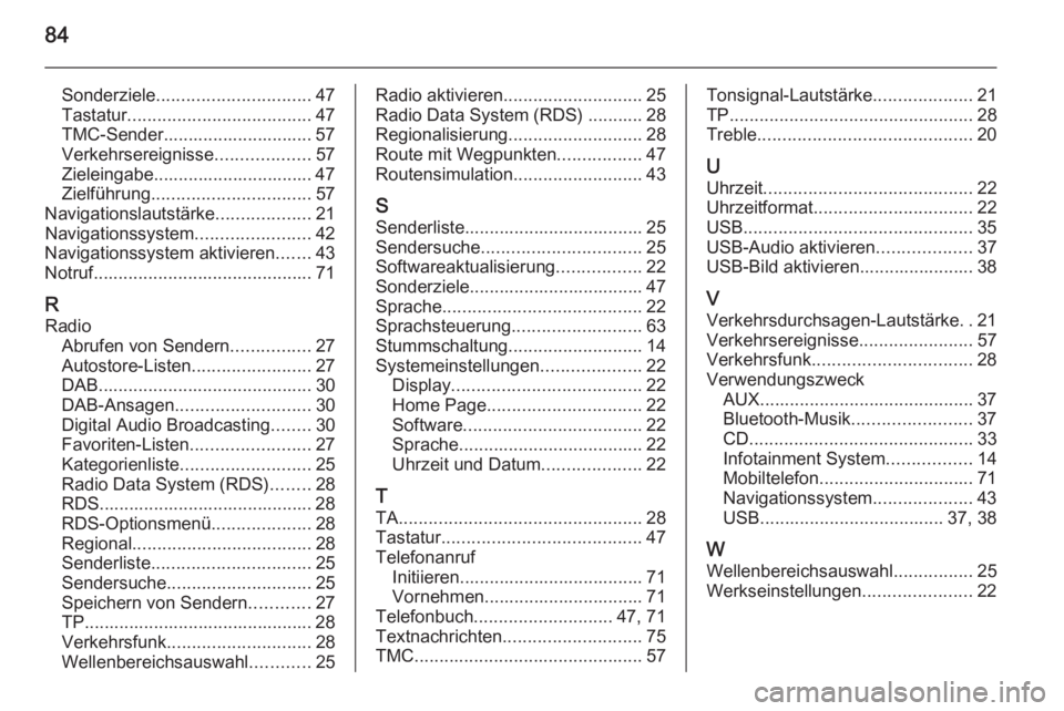 OPEL ZAFIRA C 2014.5  Infotainment-Handbuch (in German) 84
Sonderziele............................... 47
Tastatur ..................................... 47
TMC-Sender.............................. 57
Verkehrsereignisse ...................57
Zieleingabe.....