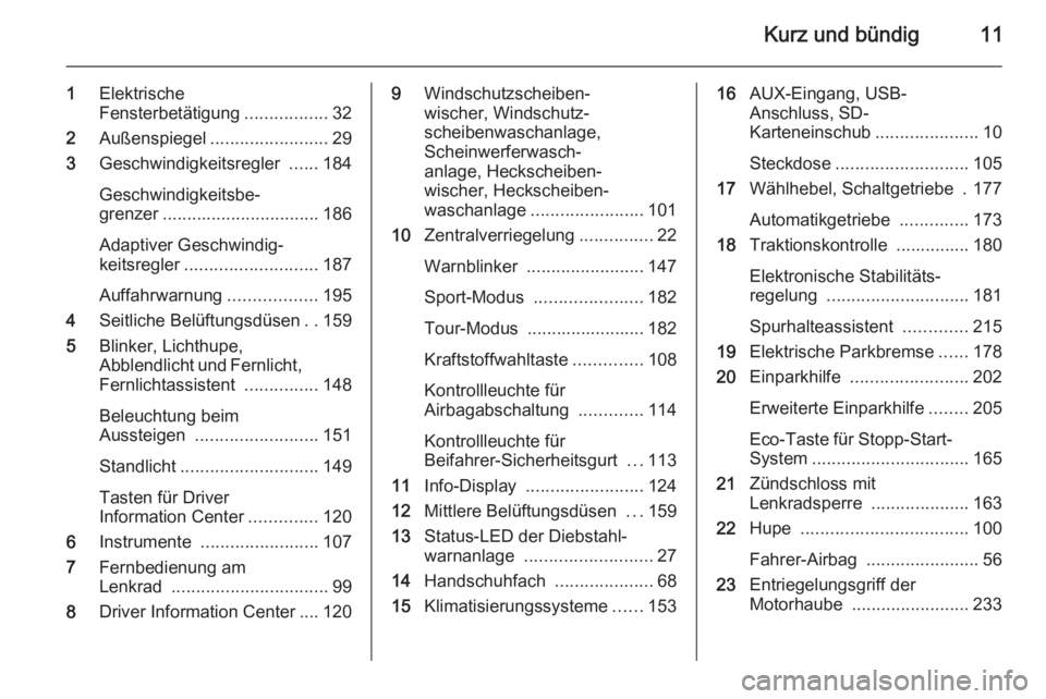 OPEL ZAFIRA C 2014.5  Betriebsanleitung (in German) Kurz und bündig11
1Elektrische
Fensterbetätigung .................32
2 Außenspiegel ........................ 29
3 Geschwindigkeitsregler  ......184
Geschwindigkeitsbe‐
grenzer ...................