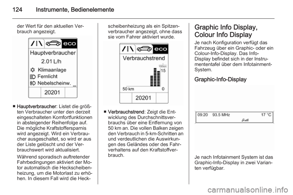 OPEL ZAFIRA C 2014.5 Betriebsanleitung (in German) 124Instrumente, Bedienelemente
der Wert für den aktuellen Ver‐
brauch angezeigt.
■ Hauptverbraucher : Listet die größ‐
ten Verbraucher unter den derzeit
eingeschalteten Komfortfunktionen
in a OPEL ZAFIRA C 2014.5 Betriebsanleitung (in German) 124Instrumente, Bedienelemente
der Wert für den aktuellen Ver‐
brauch angezeigt.
■ Hauptverbraucher : Listet die größ‐
ten Verbraucher unter den derzeit
eingeschalteten Komfortfunktionen
in a