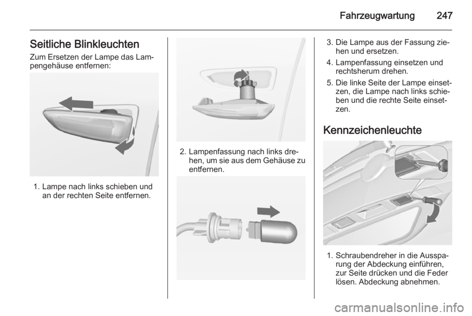 OPEL ZAFIRA C 2014.5  Betriebsanleitung (in German) Fahrzeugwartung247Seitliche BlinkleuchtenZum Ersetzen der Lampe das Lam‐
pengehäuse entfernen:
1. Lampe nach links schieben und an der rechten Seite entfernen.
2. Lampenfassung nach links dre‐hen