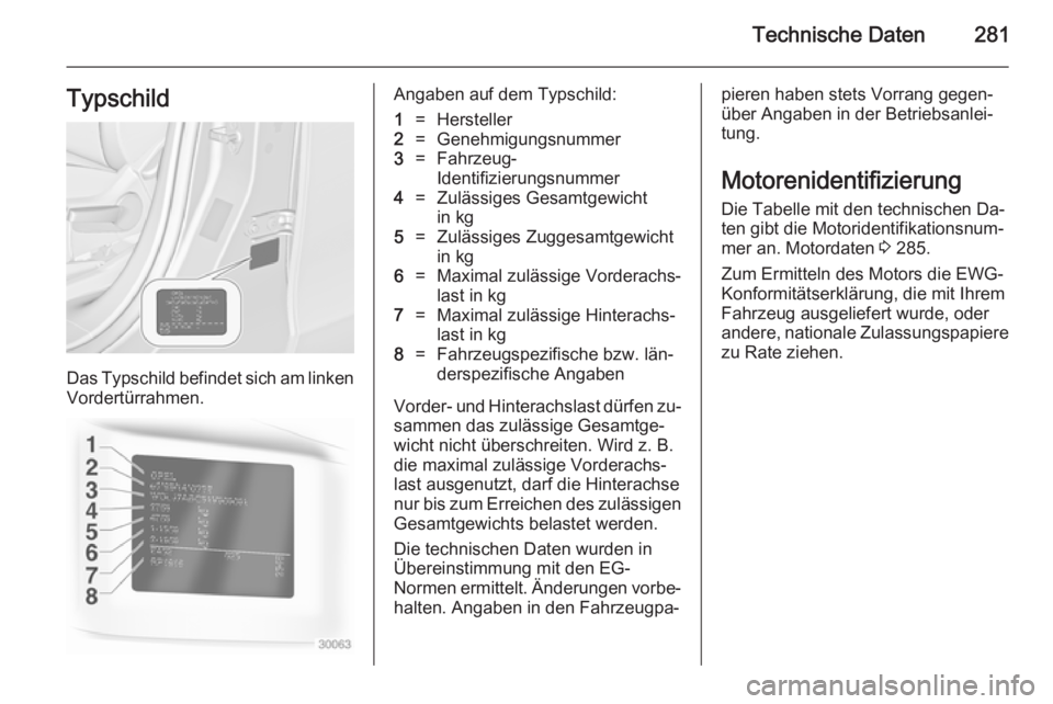 OPEL ZAFIRA C 2014.5 Betriebsanleitung (in German) Technische Daten281Typschild
Das Typschild befindet sich am linken
Vordertürrahmen.
Angaben auf dem Typschild:1=Hersteller2=Genehmigungsnummer3=Fahrzeug-
Identifizierungsnummer4=Zulässiges Gesamtgew OPEL ZAFIRA C 2014.5 Betriebsanleitung (in German) Technische Daten281Typschild
Das Typschild befindet sich am linken
Vordertürrahmen.
Angaben auf dem Typschild:1=Hersteller2=Genehmigungsnummer3=Fahrzeug-
Identifizierungsnummer4=Zulässiges Gesamtgew