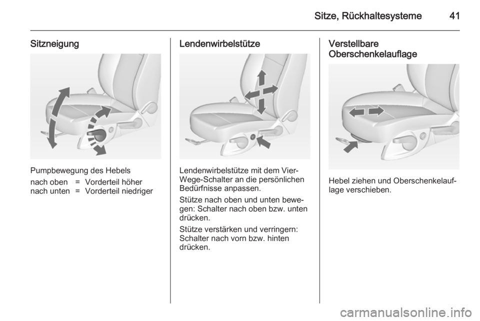 OPEL ZAFIRA C 2014.5  Betriebsanleitung (in German) Sitze, Rückhaltesysteme41
Sitzneigung
Pumpbewegung des Hebels
nach oben=Vorderteil höhernach unten=Vorderteil niedrigerLendenwirbelstütze
Lendenwirbelstütze mit dem Vier-
Wege-Schalter an die pers