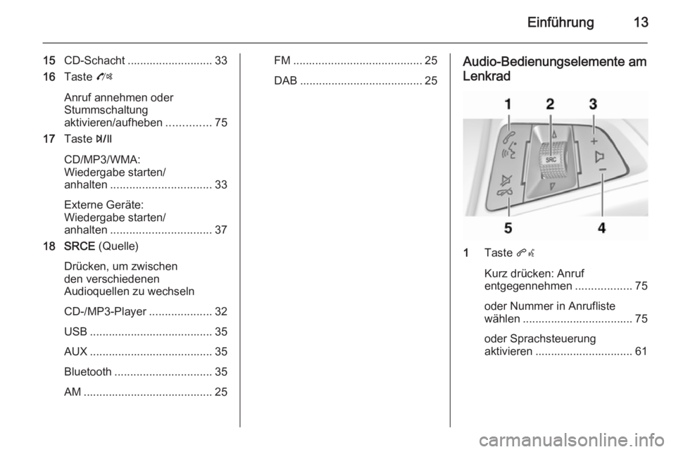 OPEL ZAFIRA C 2015 Infotainment-Handbuch (in German) Einführung13
15CD-Schacht ........................... 33
16 Taste O
Anruf annehmen oder
Stummschaltung
aktivieren/aufheben ..............75
17 Taste T
CD/MP3/WMA:
Wiedergabe starten/
anhalten ..... OPEL ZAFIRA C 2015 Infotainment-Handbuch (in German) Einführung13
15CD-Schacht ........................... 33
16 Taste O
Anruf annehmen oder
Stummschaltung
aktivieren/aufheben ..............75
17 Taste T
CD/MP3/WMA:
Wiedergabe starten/
anhalten .....
