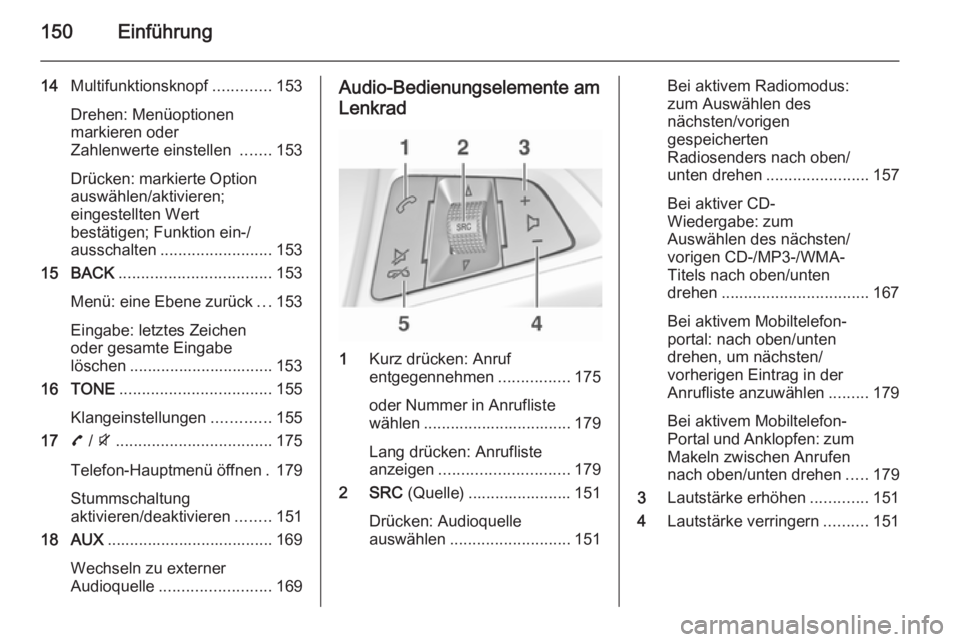 OPEL ZAFIRA C 2015 Infotainment-Handbuch (in German) 150Einführung
14Multifunktionsknopf .............153
Drehen: Menüoptionen
markieren oder
Zahlenwerte einstellen .......153
Drücken: markierte Option
auswählen/aktivieren;
eingestellten Wert
best OPEL ZAFIRA C 2015 Infotainment-Handbuch (in German) 150Einführung
14Multifunktionsknopf .............153
Drehen: Menüoptionen
markieren oder
Zahlenwerte einstellen .......153
Drücken: markierte Option
auswählen/aktivieren;
eingestellten Wert
best