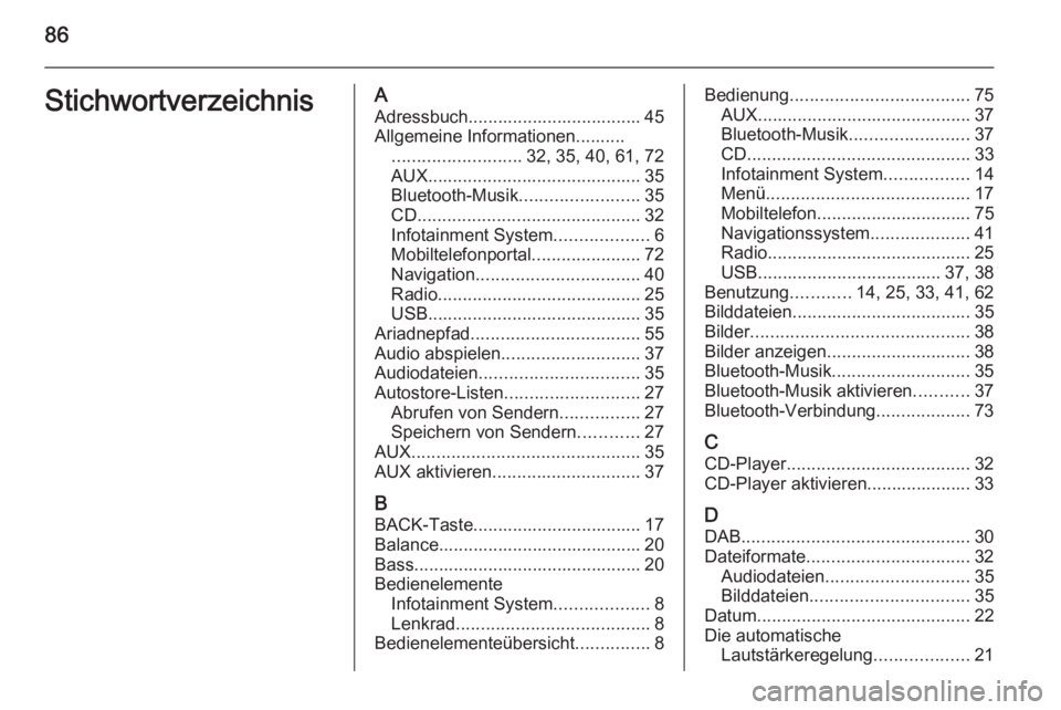 OPEL ZAFIRA C 2015 Infotainment-Handbuch (in German) 86StichwortverzeichnisAAdressbuch................................... 45Allgemeine Informationen.......... .......................... 32, 35, 40, 61, 72
AUX ........................................... OPEL ZAFIRA C 2015 Infotainment-Handbuch (in German) 86StichwortverzeichnisAAdressbuch................................... 45Allgemeine Informationen.......... .......................... 32, 35, 40, 61, 72
AUX ...........................................