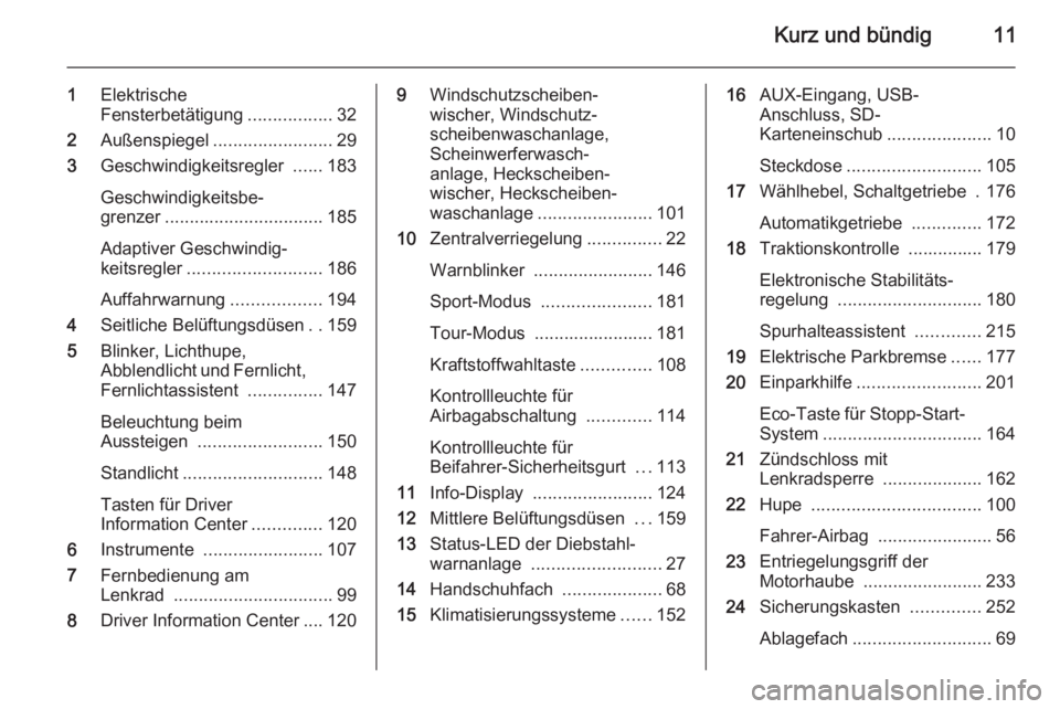 OPEL ZAFIRA C 2015  Betriebsanleitung (in German) Kurz und bündig11
1Elektrische
Fensterbetätigung .................32
2 Außenspiegel ........................ 29
3 Geschwindigkeitsregler  ......183
Geschwindigkeitsbe‐
grenzer ...................