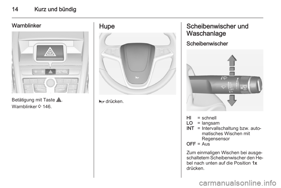 OPEL ZAFIRA C 2015 Betriebsanleitung (in German) 14Kurz und bündig
Warnblinker
Betätigung mit Taste ¨.
Warnblinker 3 146.
Hupe
j drücken.
Scheibenwischer und
Waschanlage
ScheibenwischerHI=schnellLO=langsamINT=Intervallschaltung bzw. auto‐
ma OPEL ZAFIRA C 2015 Betriebsanleitung (in German) 14Kurz und bündig
Warnblinker
Betätigung mit Taste ¨.
Warnblinker 3 146.
Hupe
j drücken.
Scheibenwischer und
Waschanlage
ScheibenwischerHI=schnellLO=langsamINT=Intervallschaltung bzw. auto‐
ma