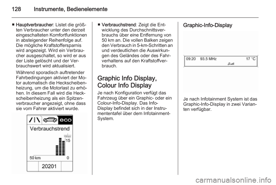 OPEL ZAFIRA C 2015.5  Betriebsanleitung (in German) 128Instrumente, Bedienelemente
■Hauptverbraucher : Listet die größ‐
ten Verbraucher unter den derzeit
eingeschalteten Komfortfunktionen
in absteigender Reihenfolge auf.
Die mögliche Kraftstoffe