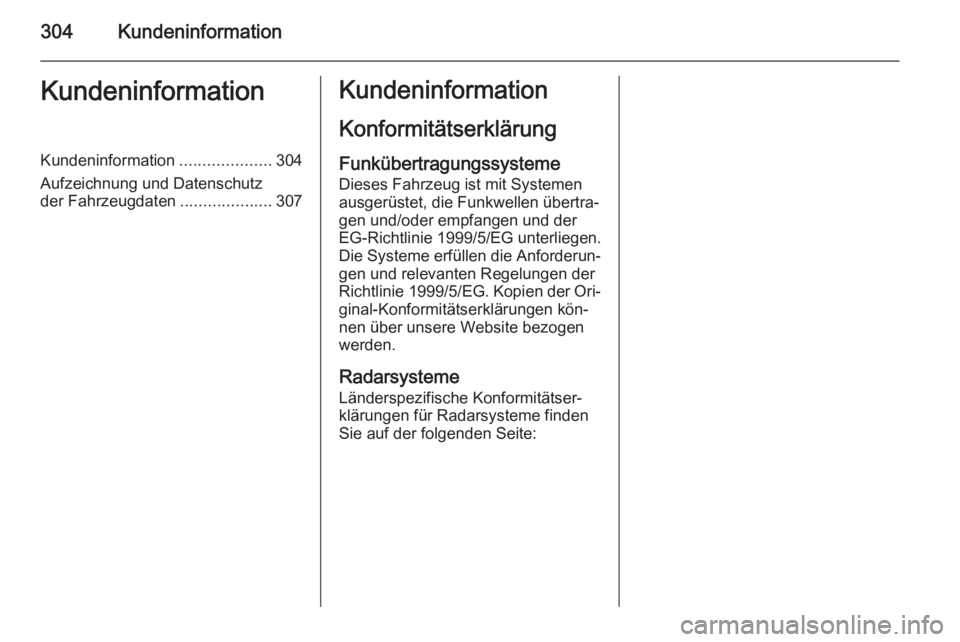 OPEL ZAFIRA C 2015.5  Betriebsanleitung (in German) 304KundeninformationKundeninformationKundeninformation....................304
Aufzeichnung und Datenschutz
der Fahrzeugdaten ....................307Kundeninformation
KonformitätserklärungFunkübertr