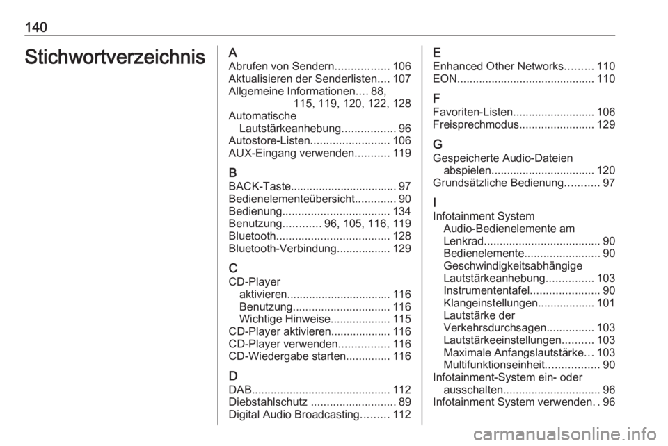 OPEL ZAFIRA C 2016 Infotainment-Handbuch (in German) 140StichwortverzeichnisAAbrufen von Sendern .................106
Aktualisieren der Senderlisten ....107
Allgemeine Informationen ....88,
115, 119, 120, 122, 128
Automatische Lautstärkeanhebung ...... OPEL ZAFIRA C 2016 Infotainment-Handbuch (in German) 140StichwortverzeichnisAAbrufen von Sendern .................106
Aktualisieren der Senderlisten ....107
Allgemeine Informationen ....88,
115, 119, 120, 122, 128
Automatische Lautstärkeanhebung ......